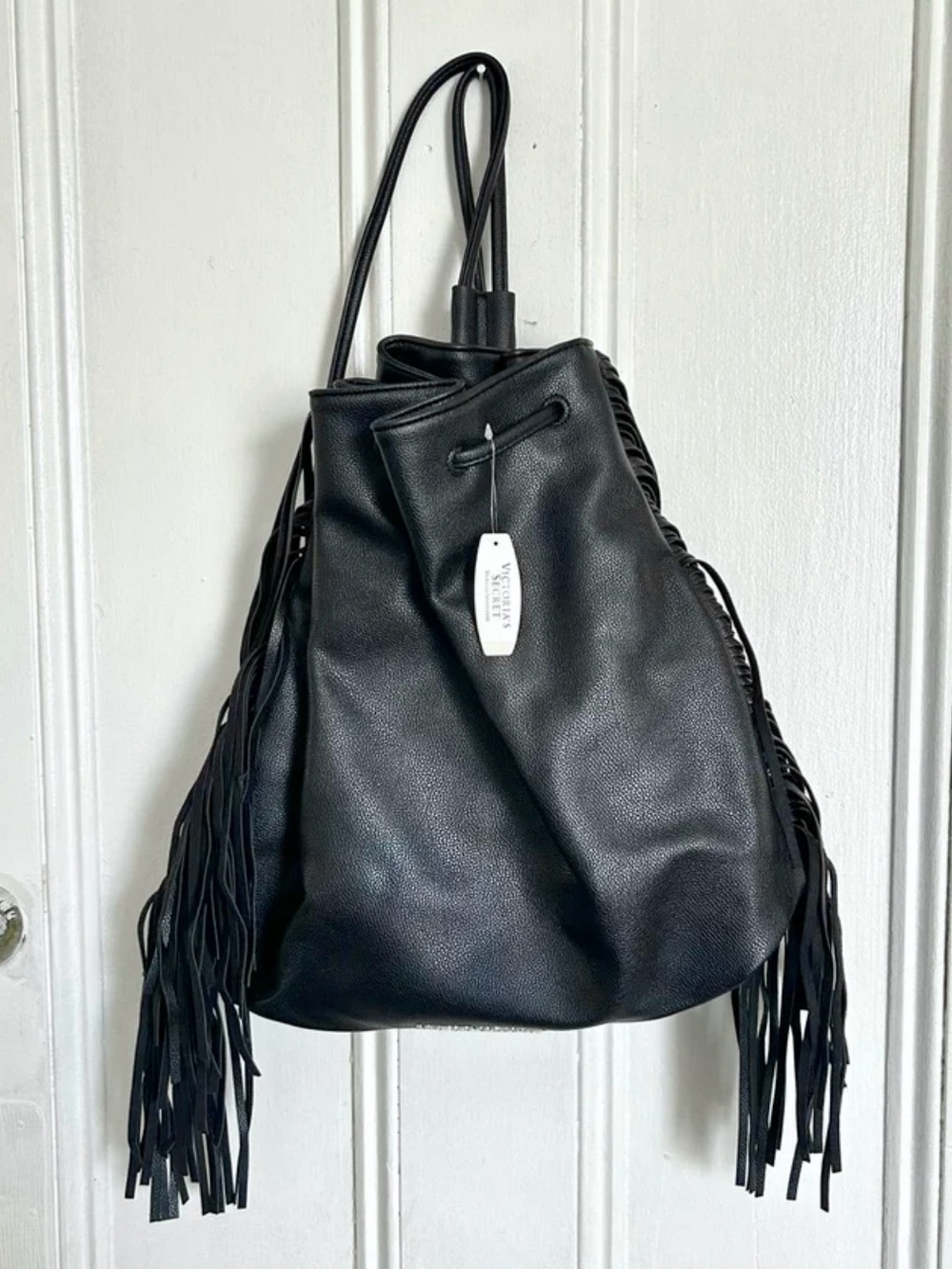 Victoria's Secret 2015 Fashion Show Black Fringe Drawstring Backpack Bag NWT